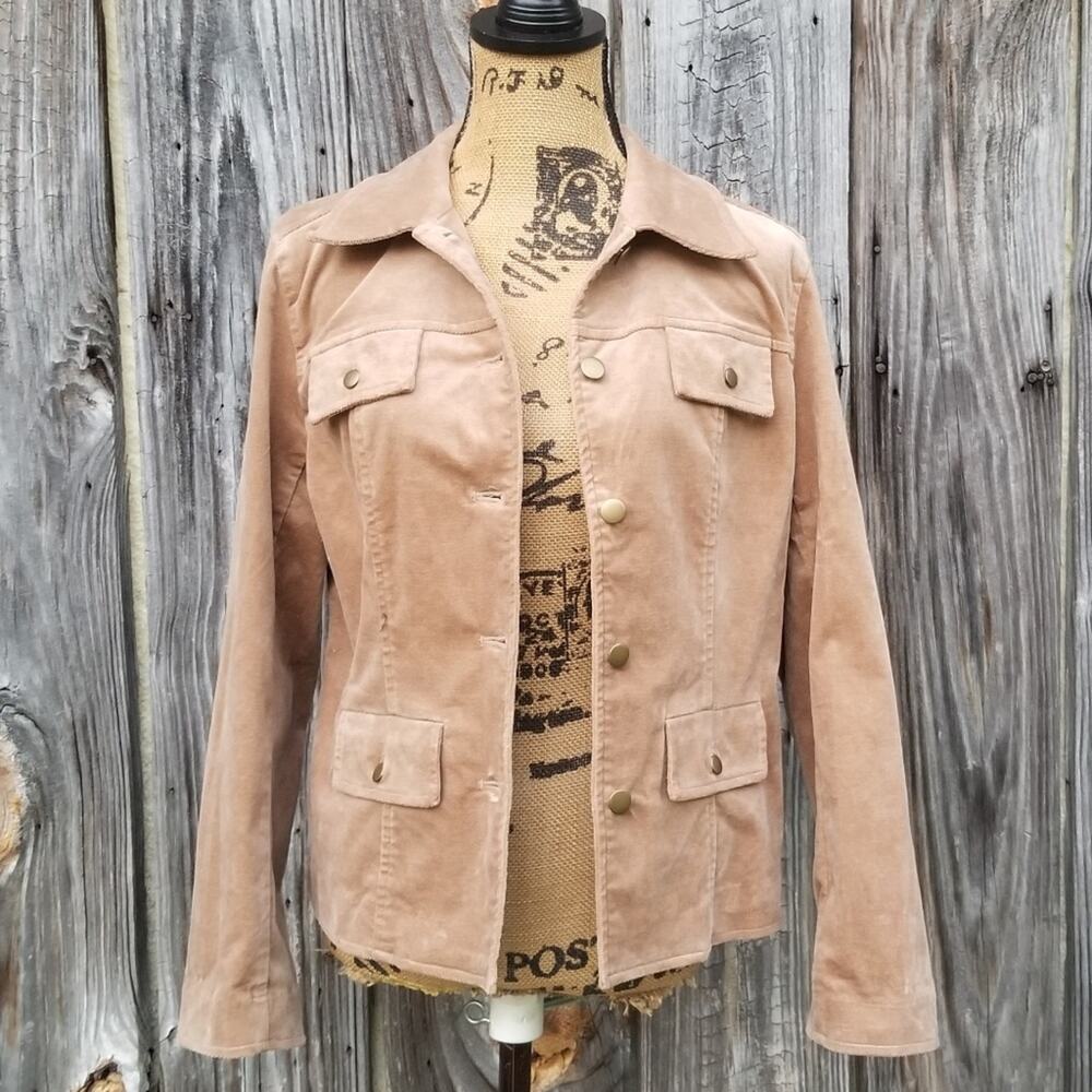 Tan Jacket Chadwick's Size 6 Tan Coat Button Front Flap Pockets Stretch Velour - Picture 2 of 10